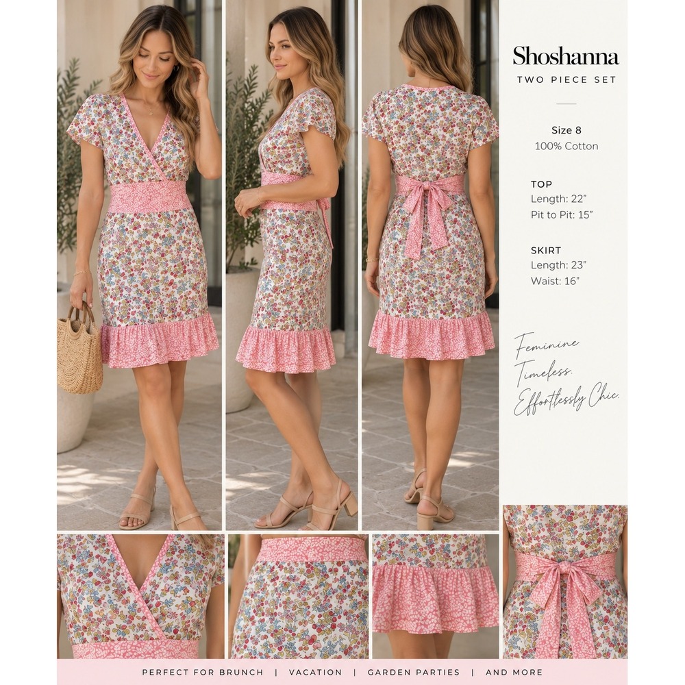 Shoshanna Floral/strawberries Two Piece Skirt & Wrap Top Set Size 8 100% Cotton